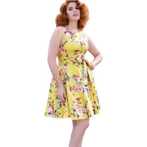 Yellow Floral Sleeveless Fit Flare Midi Dress Belted Summer Garden Party Medium